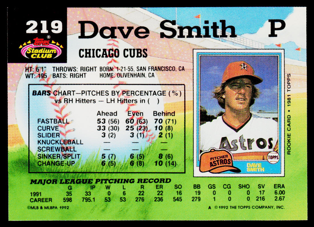 Dave Smith 1992 Stadium Club #219 Chicago Cubs