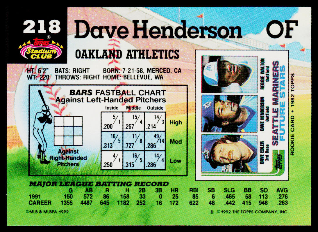 Dave Henderson 1992 Stadium Club #218 Oakland Athletics
