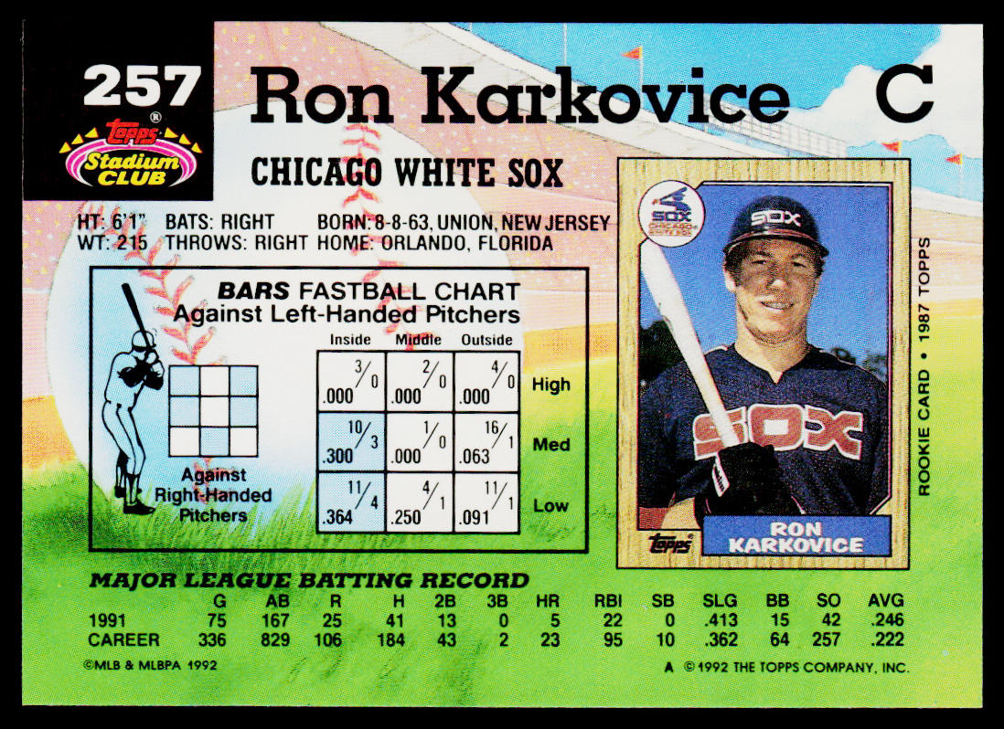 Ron Karkovice 1992 Stadium Club #257 Chicago White Sox