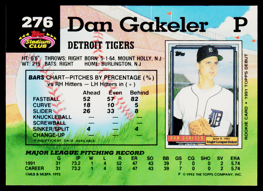 Dan Gakeler 1992 Stadium Club #276 Detroit Tigers