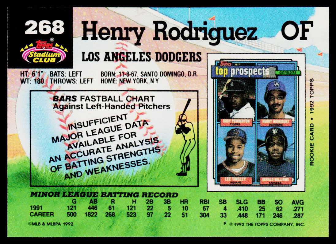 Henry Rodriguez 1992 Stadium Club #268b Los Angeles Dodgers