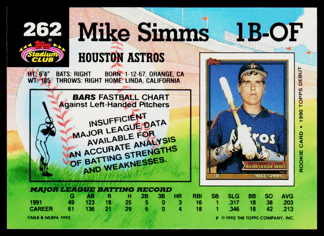 Mike Simms 1992 Stadium Club #262 Houston Astros