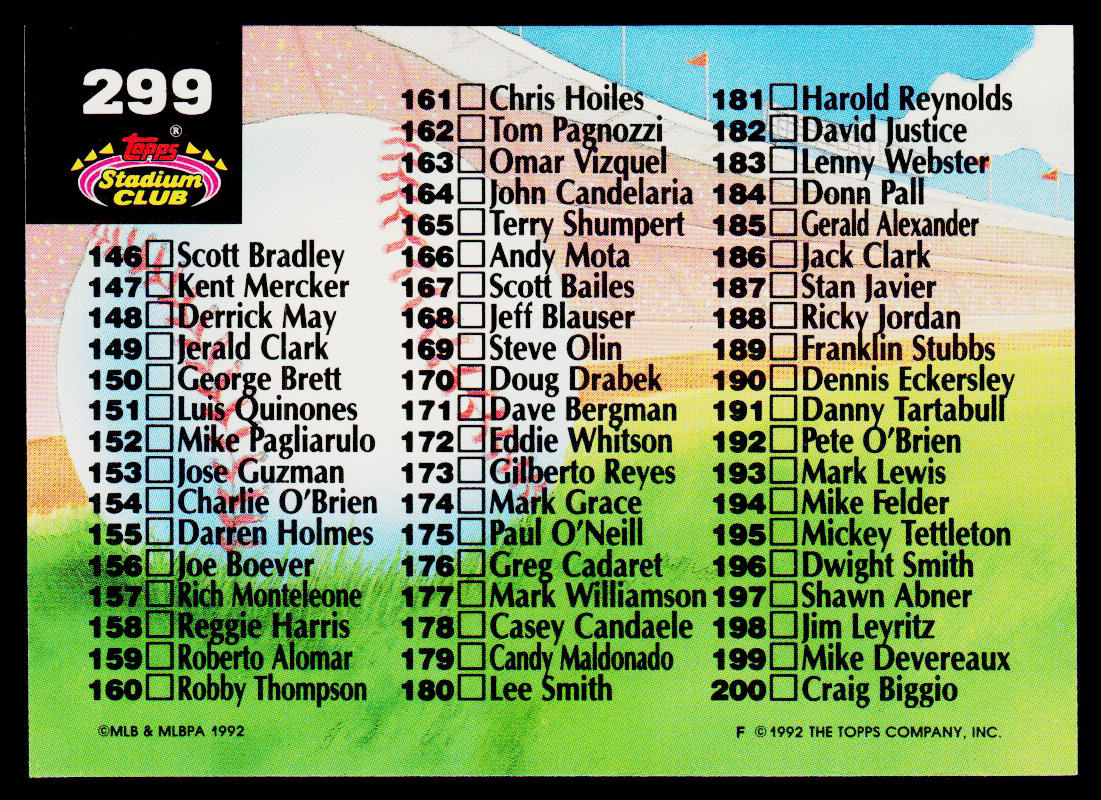 Checklist: 101-200 1992 Stadium Club #299b