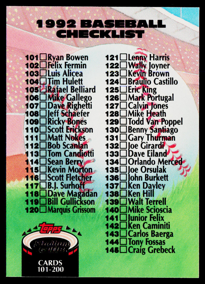 Checklist: 101-200 1992 Stadium Club #299b