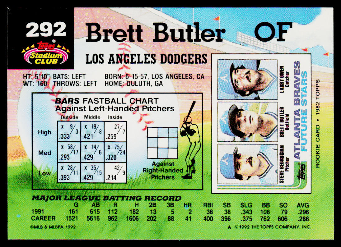Brett Butler 1992 Stadium Club #292b Los Angeles Dodgers
