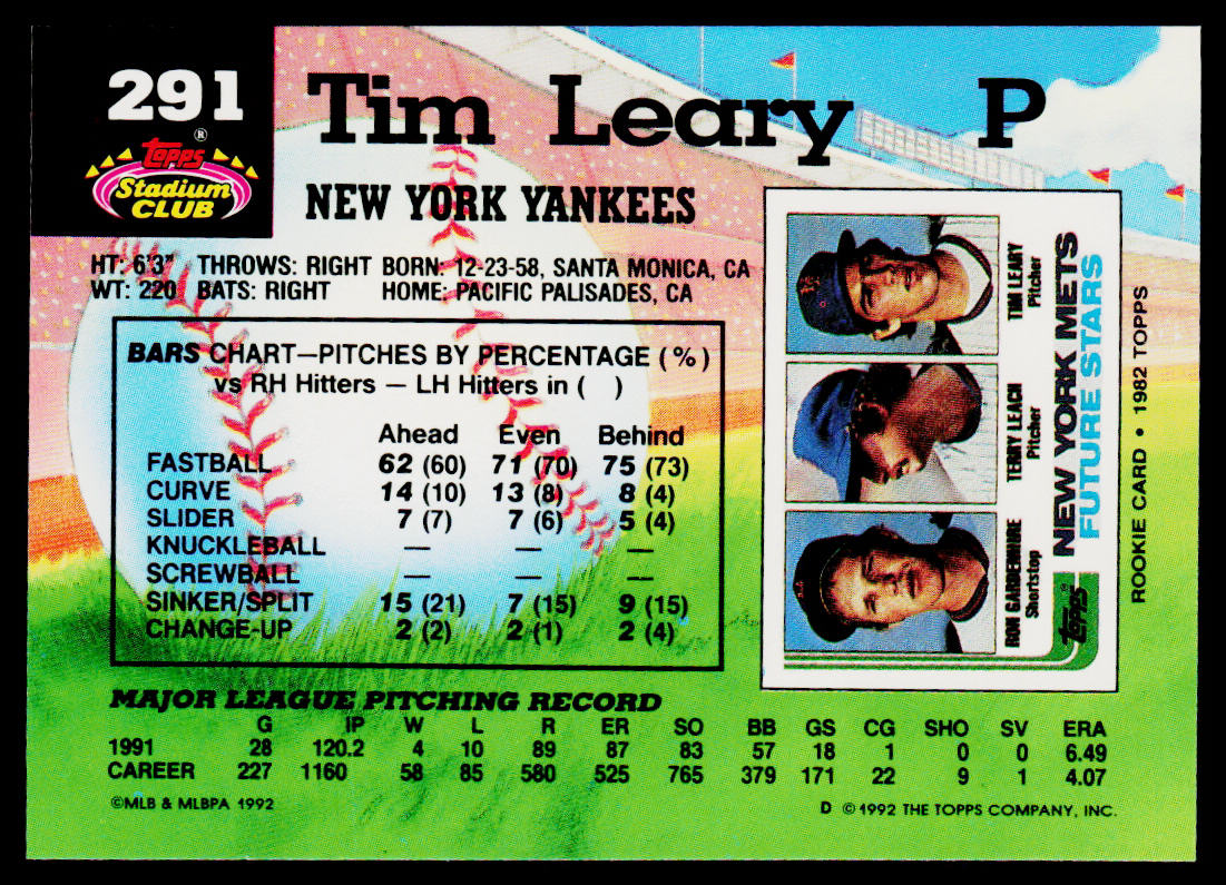 Tim Leary 1992 Stadium Club #291 New York Yankees