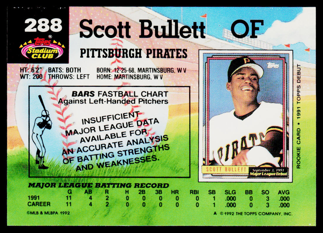 Scott Bullett 1992 Stadium Club #288 RC Pittsburgh Pirates