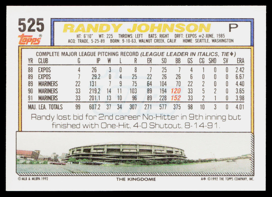 Randy Johnson 1992 Topps #525 Seattle Mariners