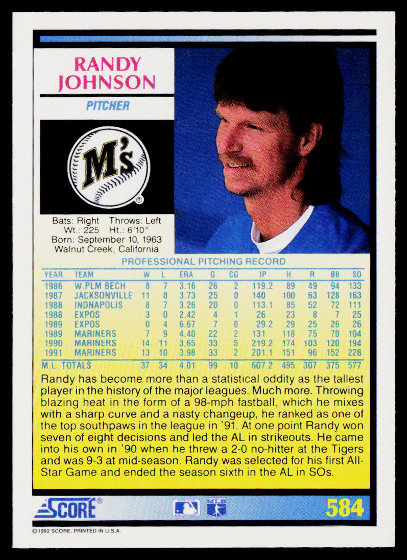 Randy Johnson 1992 Score #584 Seattle Mariners