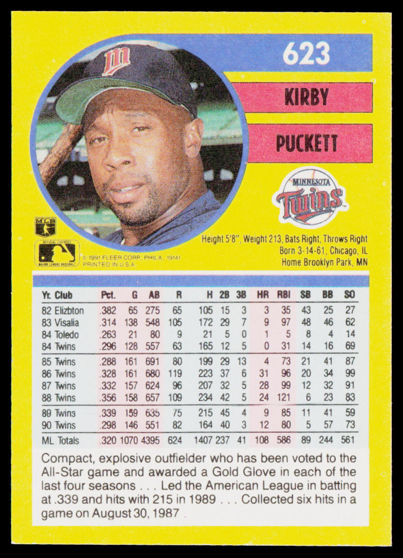Kirby Puckett 1991 Fleer #623a Minnesota Twins