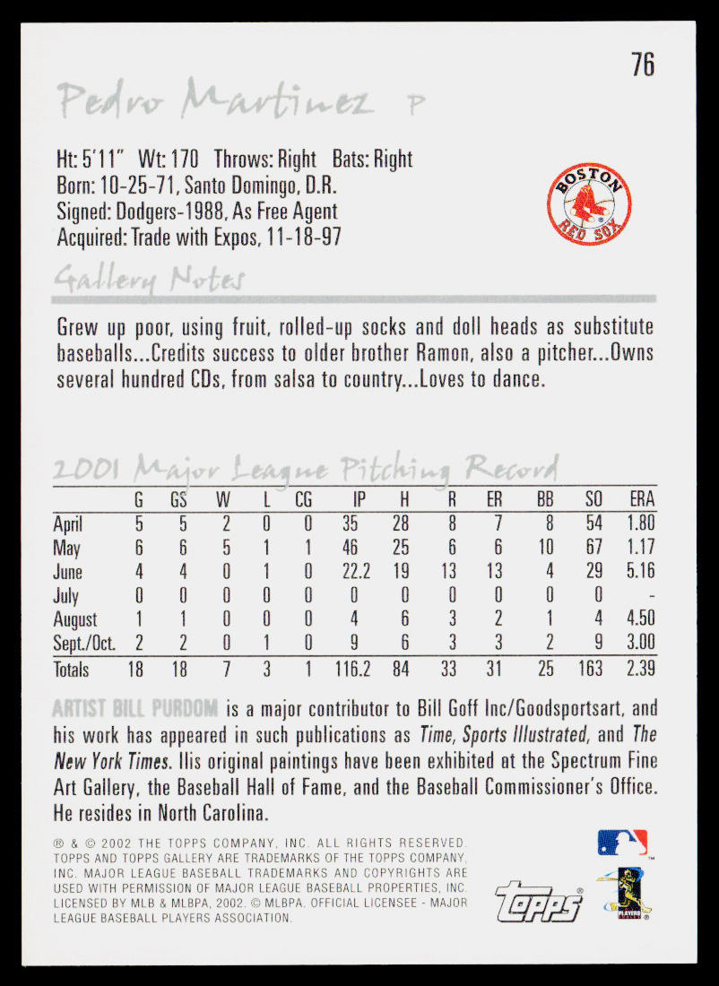 Pedro Martinez 2002 Topps Gallery #76 Red Shirt Boston Red Sox