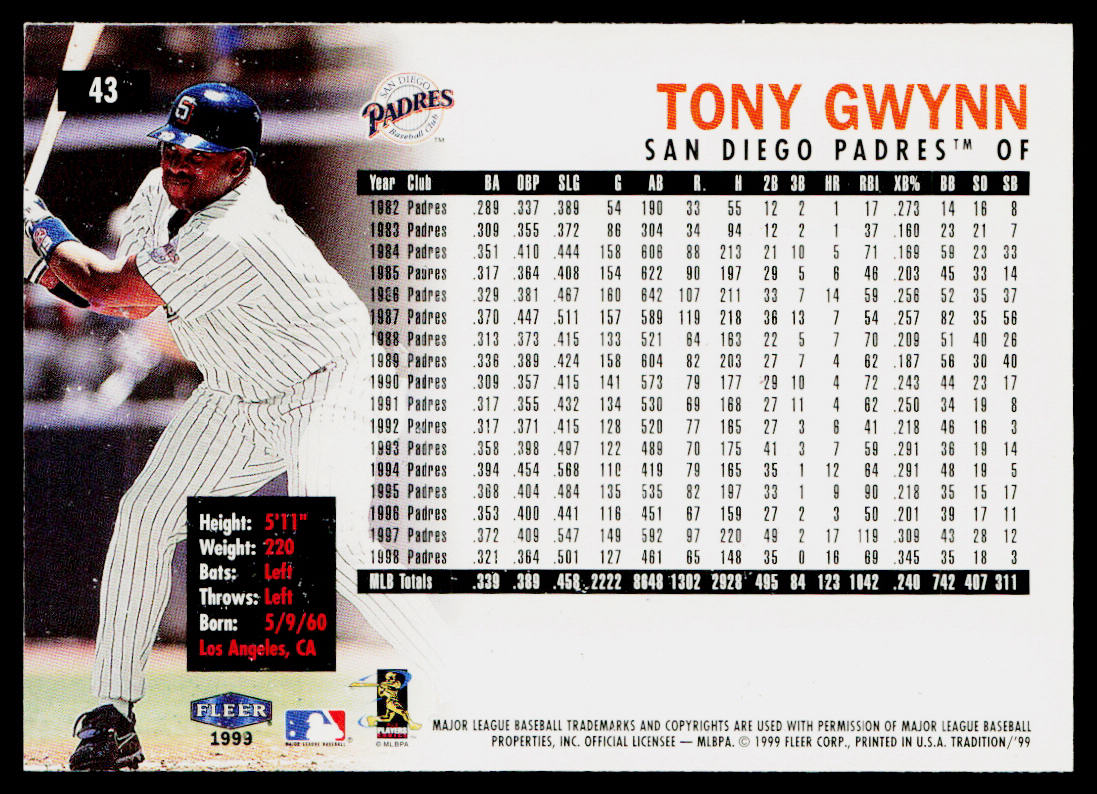 Tony Gwynn 1999 Fleer Tradition #43 San Diego Padres