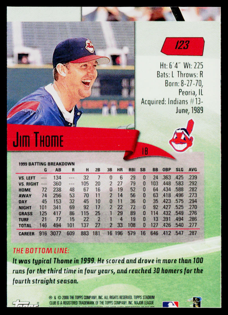 Jim Thome 2000 Stadium Club #123 Cleveland Indians