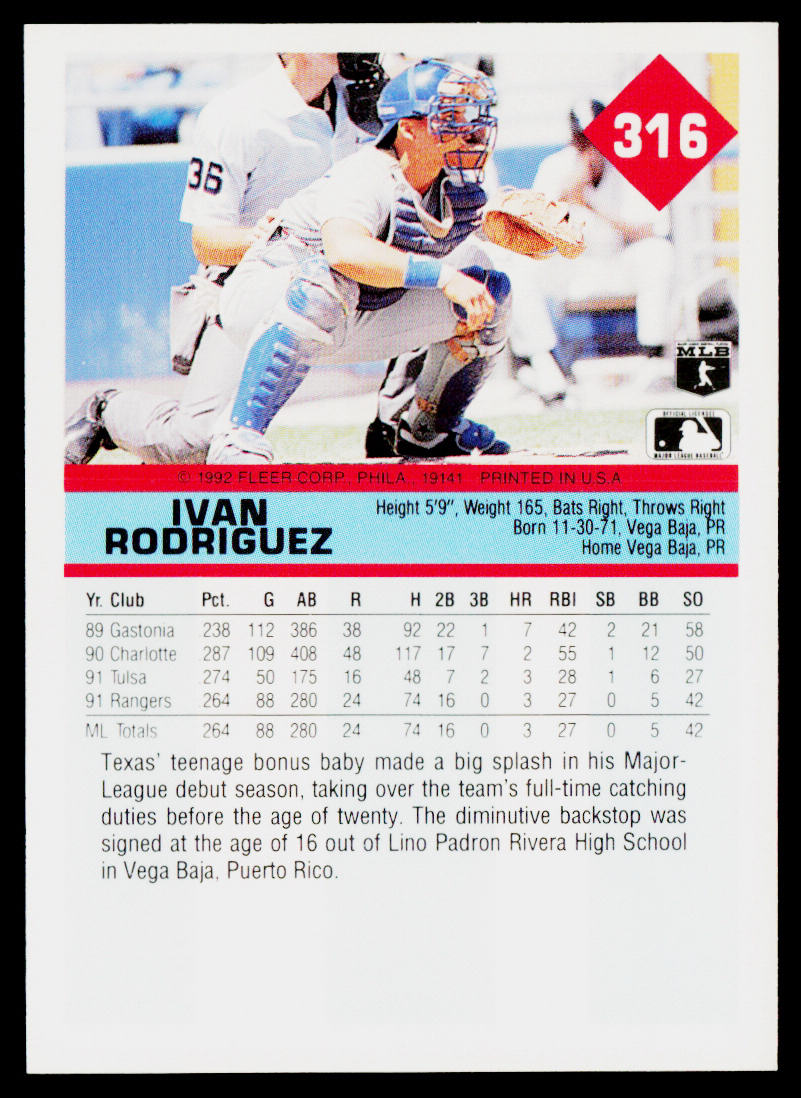 Ivan Rodriguez 1992 Fleer #316 Texas Rangers