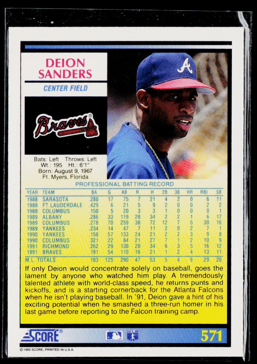 Deion Sanders 1992 Score #571 Atlanta Braves