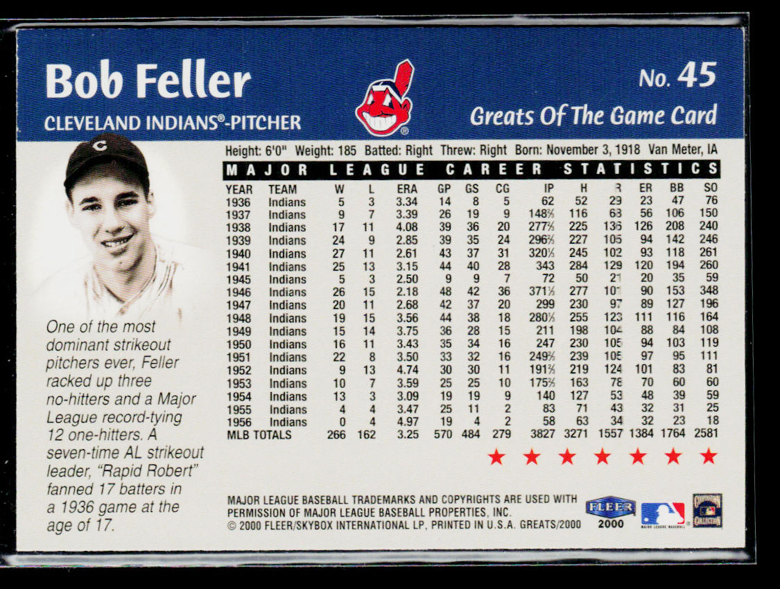 Bob Feller 2000 Fleer Greats of the Game #45 Cleveland Indians