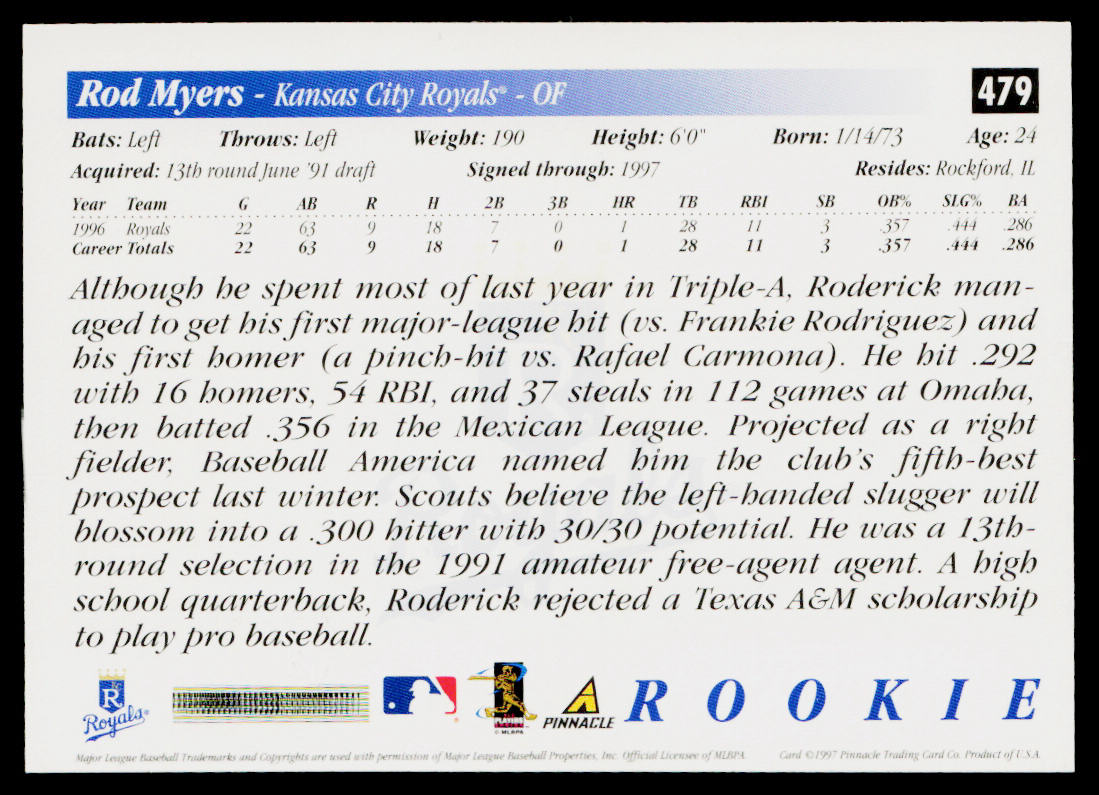Rod Myers 1997 Score Artist's Proof Holofoil #479 RC Kansas City Royals