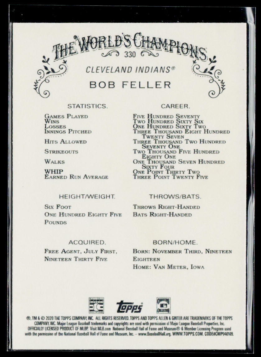 Bob Feller 2020 Topps Allen & Ginter #330 Cleveland Indians