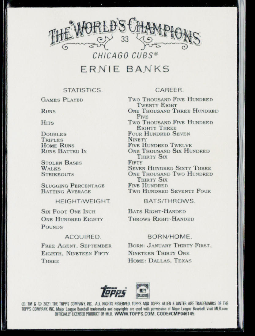 Ernie Banks 2021 Topps Allen & Ginter #33 Chicago Cubs