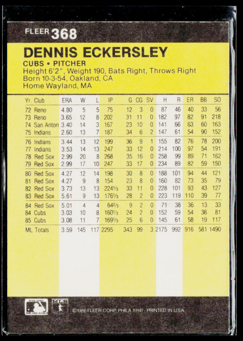 Dennis Eckersley 1986 Fleer #368 Chicago Cubs