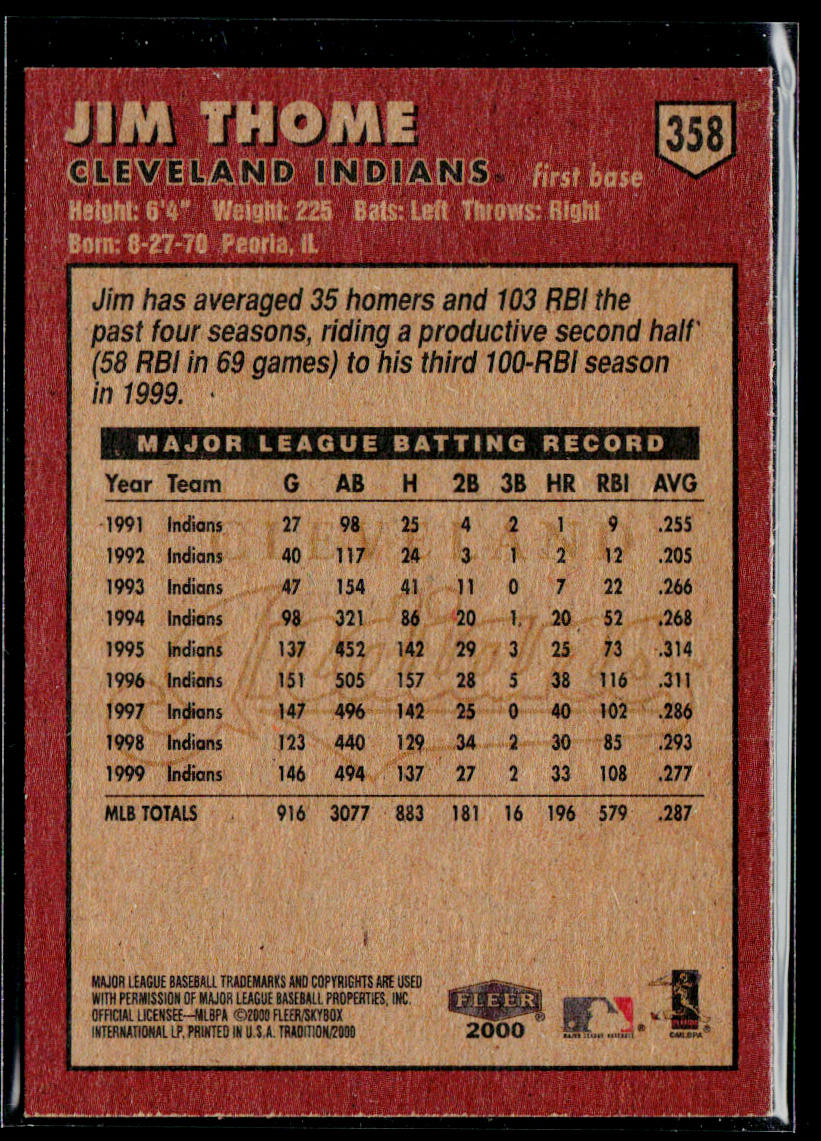 Jim Thome 2000 Fleer Tradition #358 Cleveland Indians