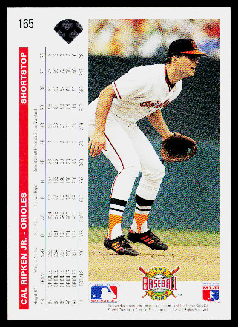 Cal Ripken Jr. 1992 Upper Deck Factory Set Gold Hologram #165 Baltimore Orioles