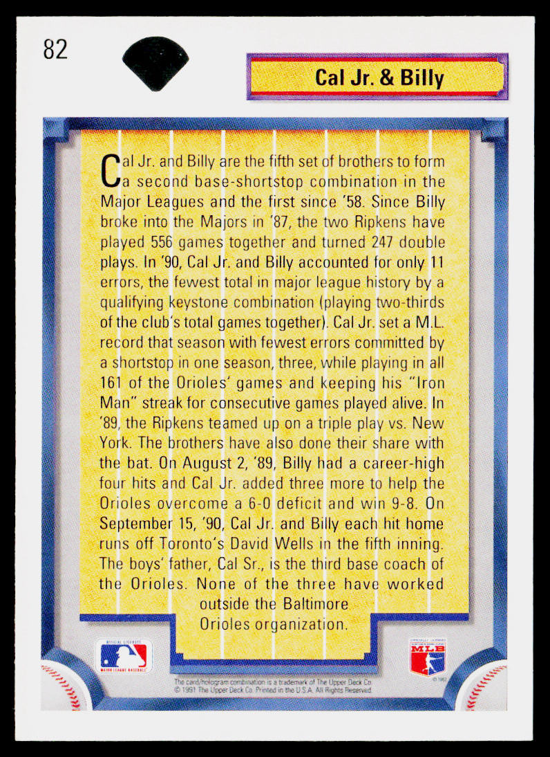 Cal Jr. &amp; Billy 1992 Upper Deck #82 Baltimore Orioles