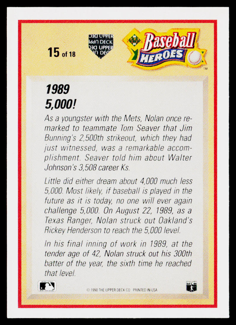 Nolan Ryan 1991 Upper Deck Baseball Heroes: Nolan Ryan #15 Texas Rangers