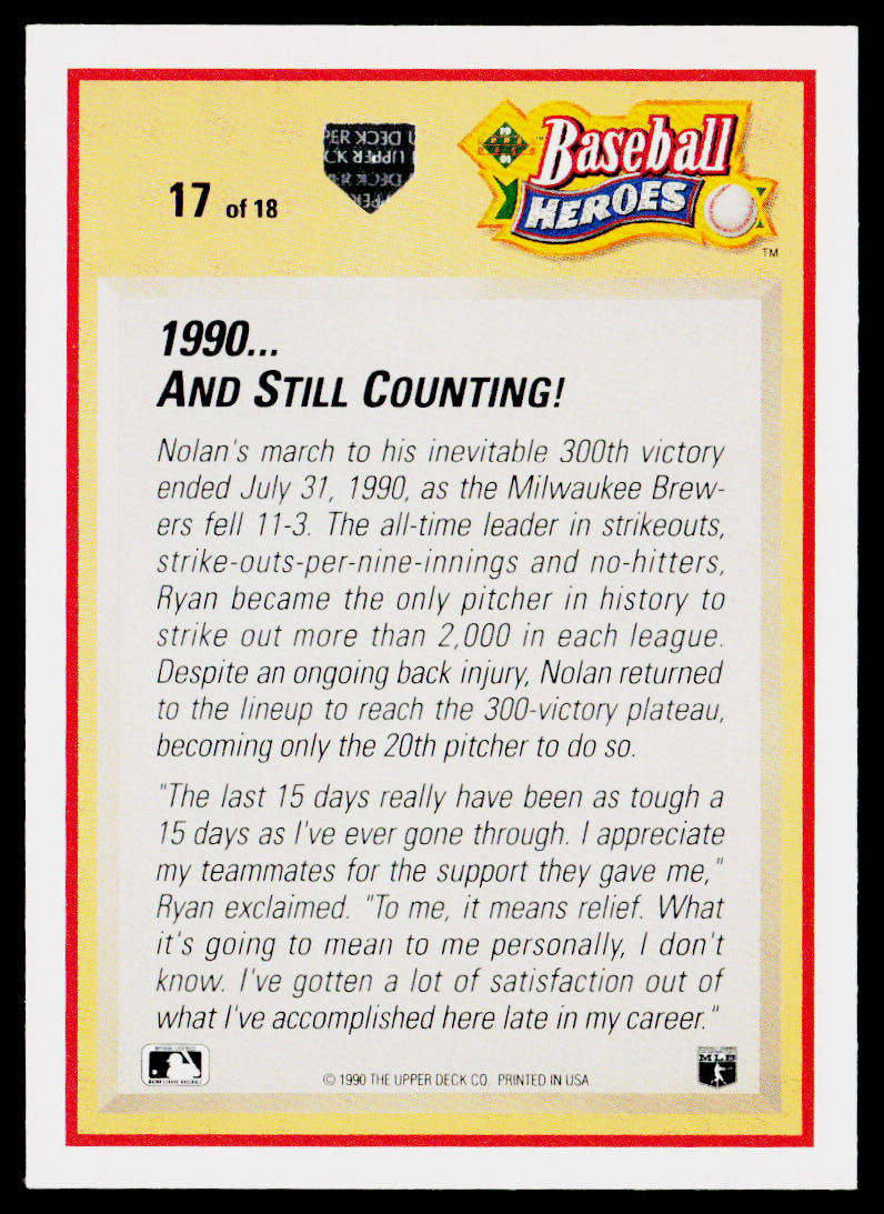 Nolan Ryan 1991 Upper Deck Baseball Heroes: Nolan Ryan #17 Texas Rangers