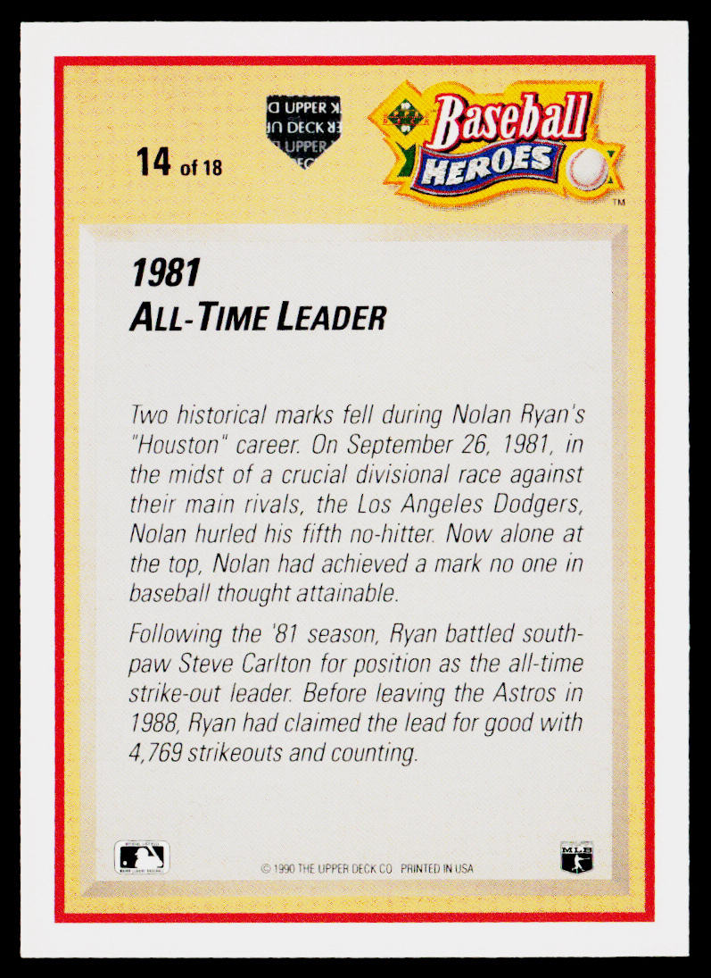 Nolan Ryan 1991 Upper Deck Baseball Heroes: Nolan Ryan #14 Houston Astros