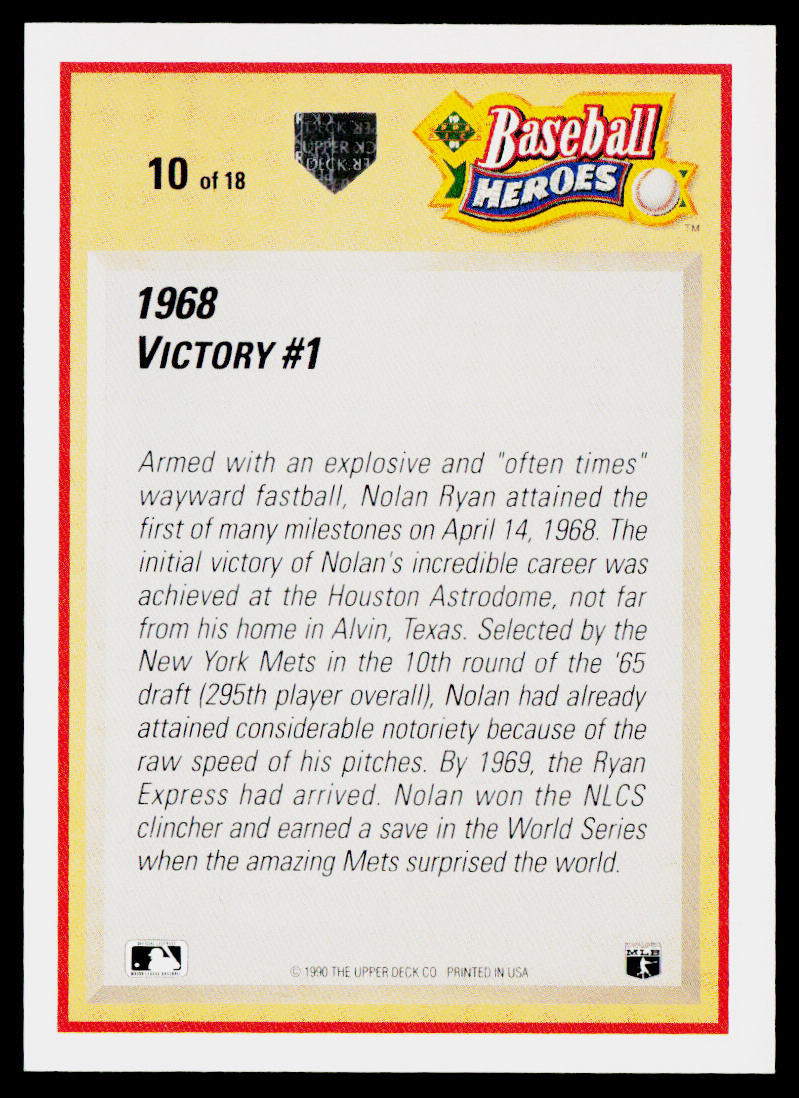 Nolan Ryan 1991 Upper Deck Baseball Heroes: Nolan Ryan #10 New York Mets