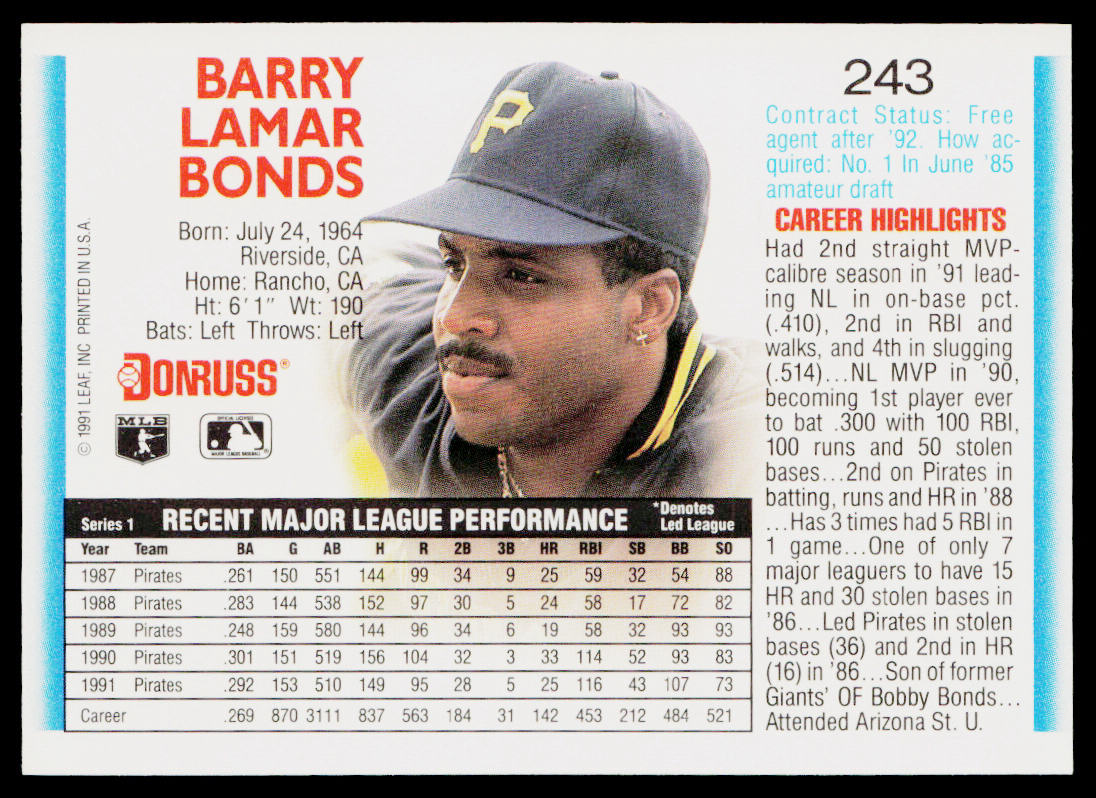 Barry Bonds 1992 Donruss #243b Pittsburgh Pirates