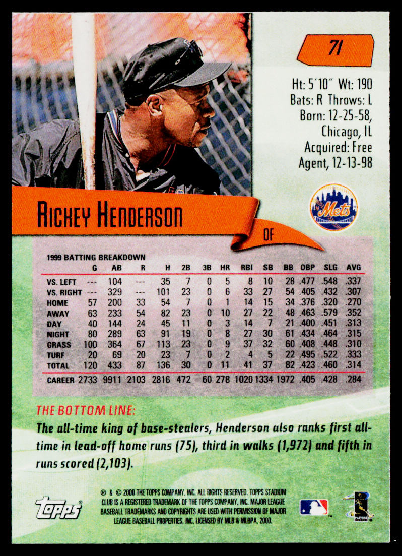 Rickey Henderson 2000 Stadium Club #71 New York Mets