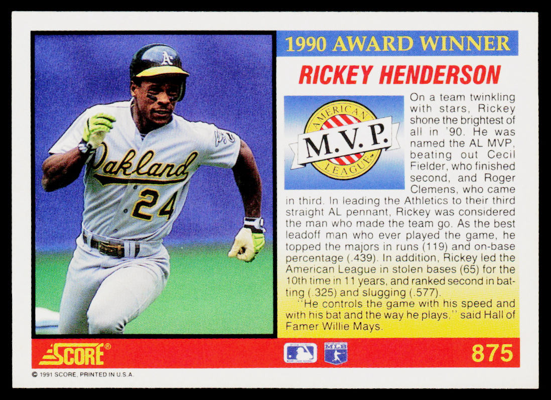 Rickey Henderson 1991 Score #875 Oakland Athletics