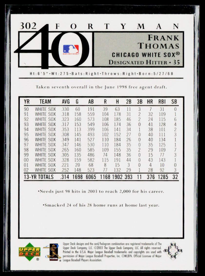 Frank Thomas 2003 Upper Deck 40-Man #302 Chicago White Sox