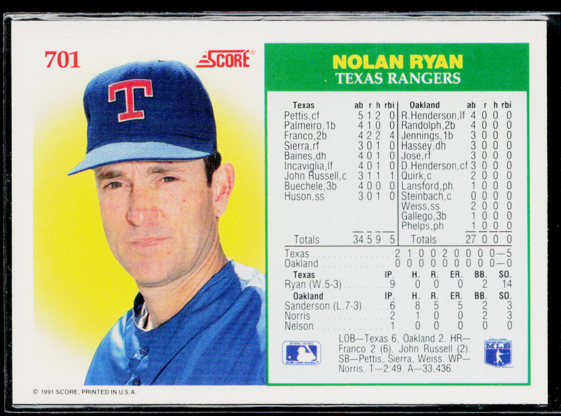 Nolan Ryan 1991 Score #701 Texas Rangers