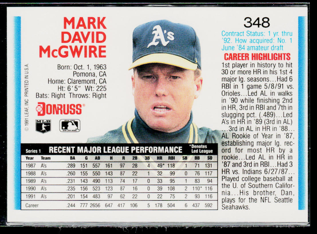Mark McGwire 1992 Donruss #348b Oakland Athletics