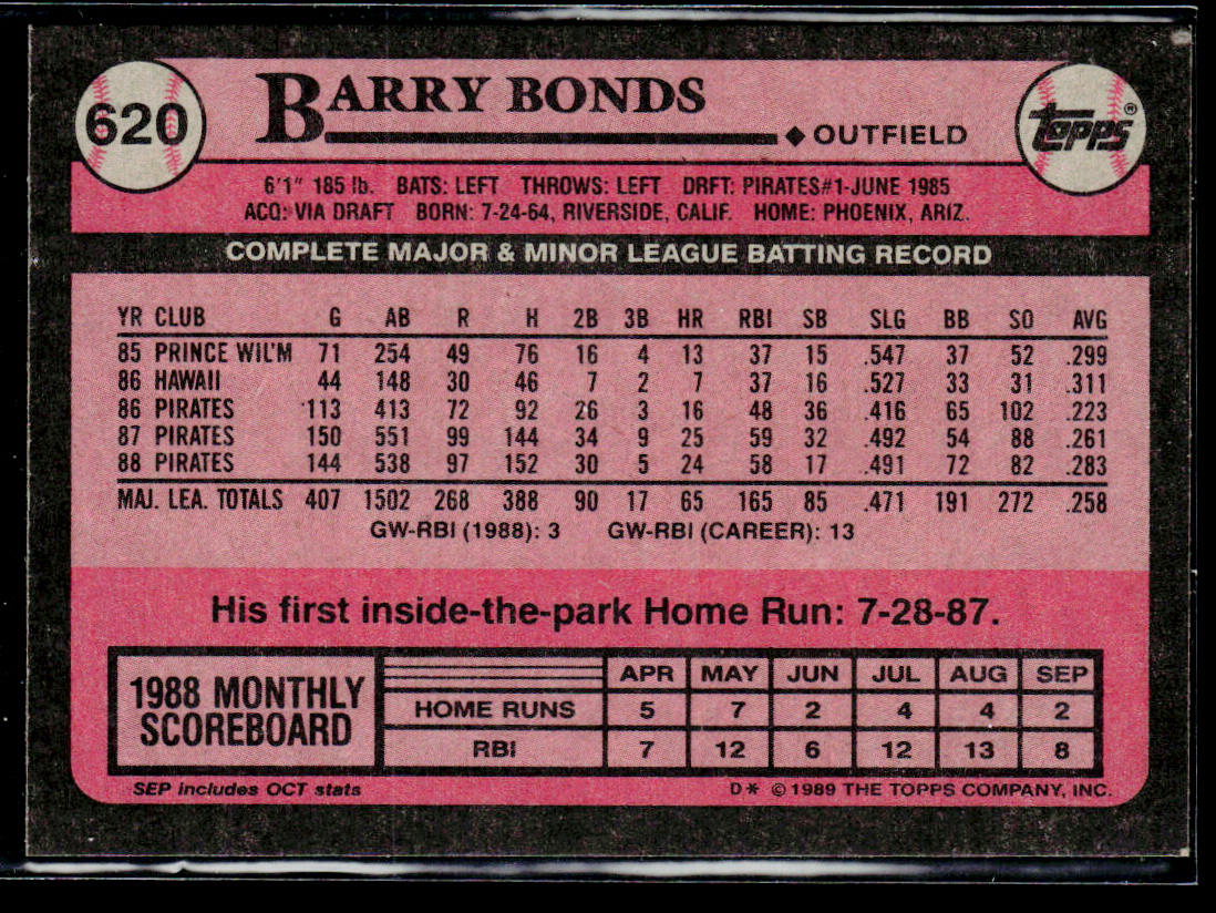 Barry Bonds 1989 Topps #620 Pittsburgh Pirates