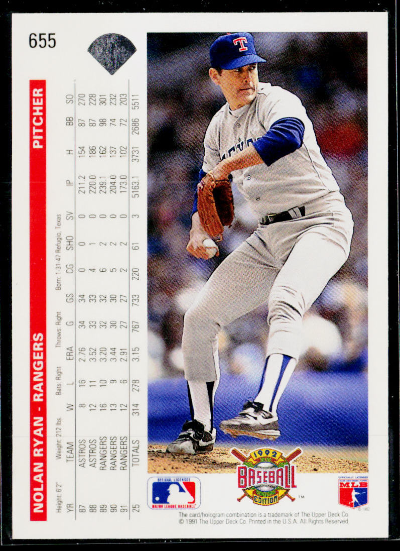 Nolan Ryan 1992 Upper Deck #655 Texas Rangers