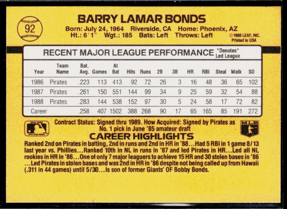 Barry Bonds 1989 Donruss #92 Pittsburgh Pirates