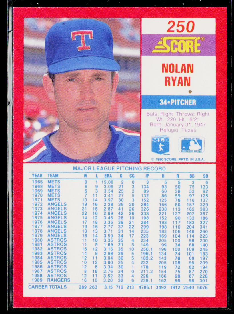 Nolan Ryan 1990 Score #250 Texas Rangers