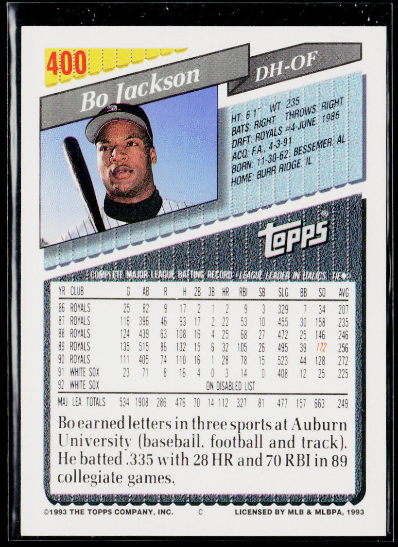 Bo Jackson 1993 Topps #400 Chicago White Sox