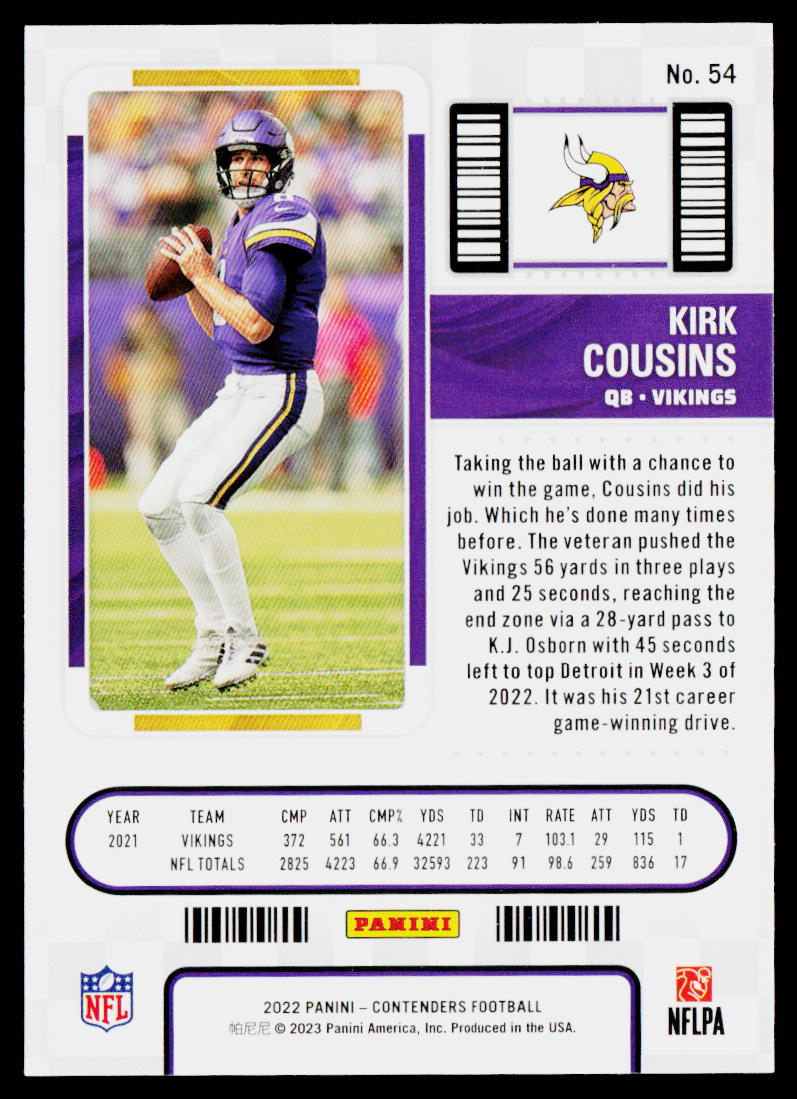 Kirk Cousins 2022 Panini Contenders #54 Minnesota Vikings