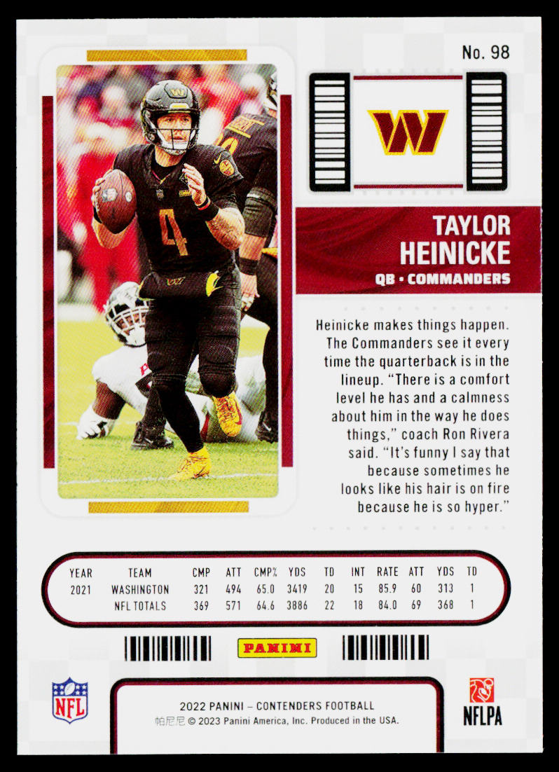 Taylor Heinicke 2022 Panini Contenders #98 Washington Commanders