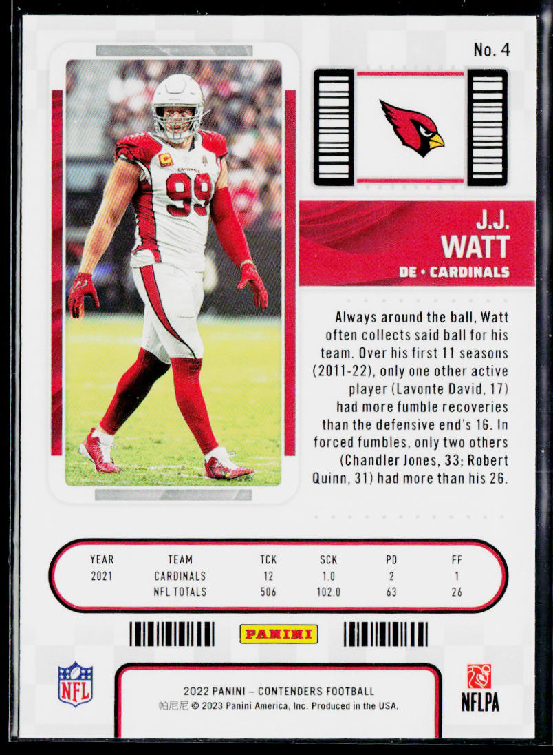J.J. Watt 2022 Panini Contenders #4 Arizona Cardinals