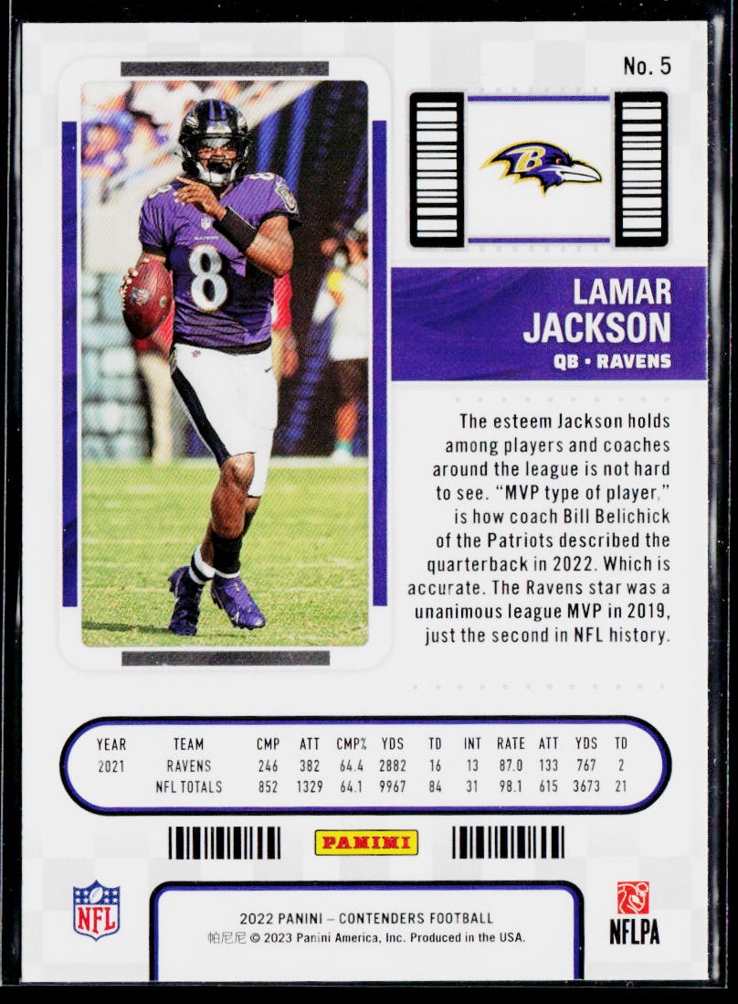 Lamar Jackson 2022 Panini Contenders Playoff Ticket #5 SN Baltimore Ravens