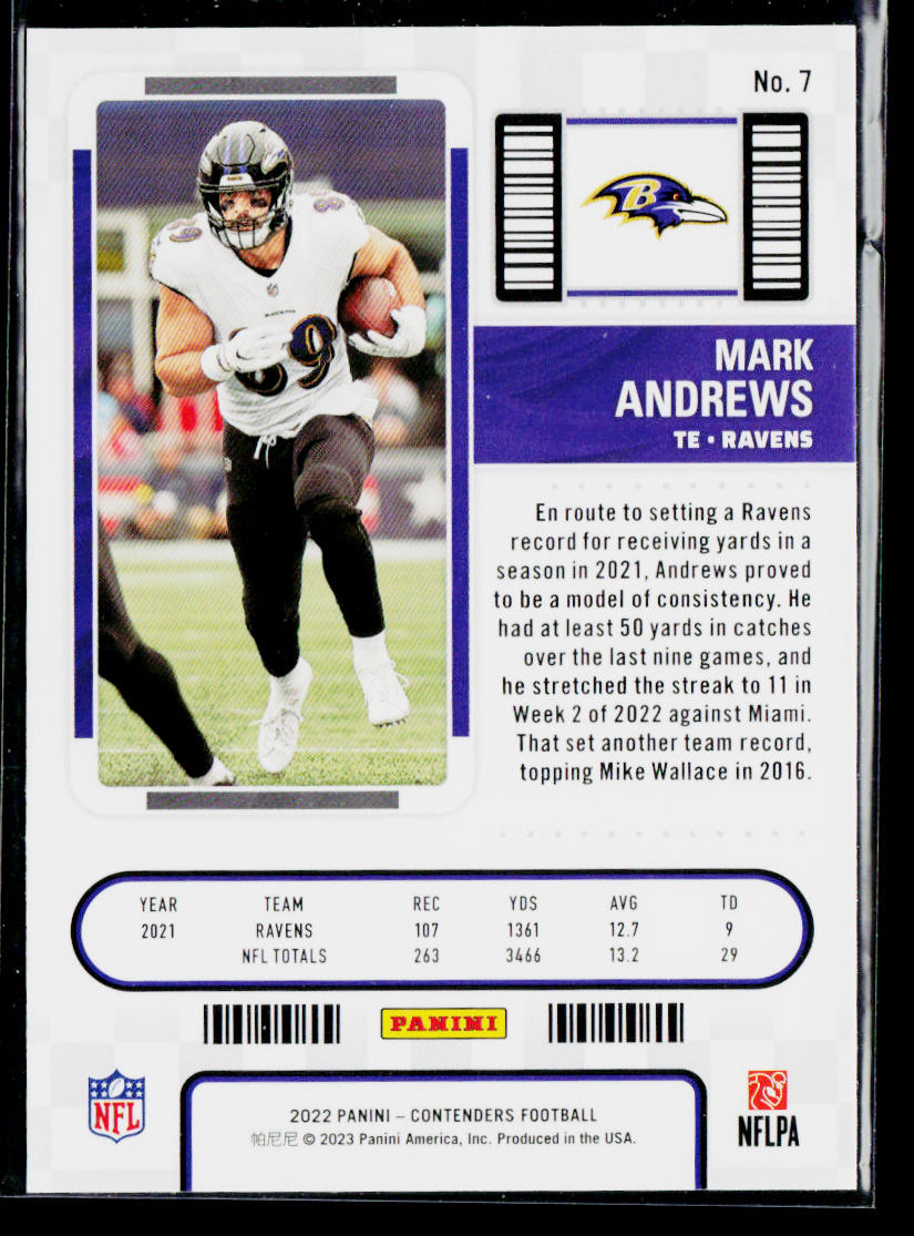 Mark Andrews 2022 Panini Contenders #7 Baltimore Ravens