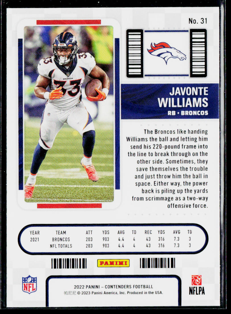 Javonte Williams 2022 Panini Contenders #31 Denver Broncos