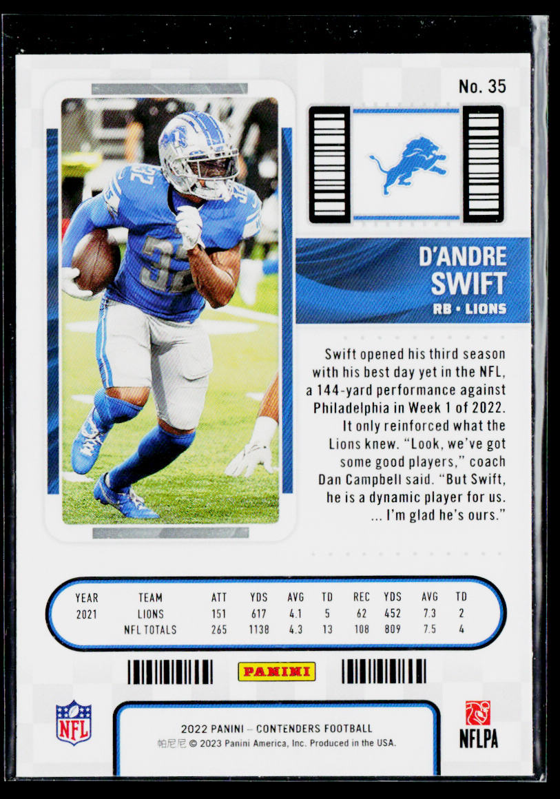 D'Andre Swift 2022 Panini Contenders #35 Detroit Lions