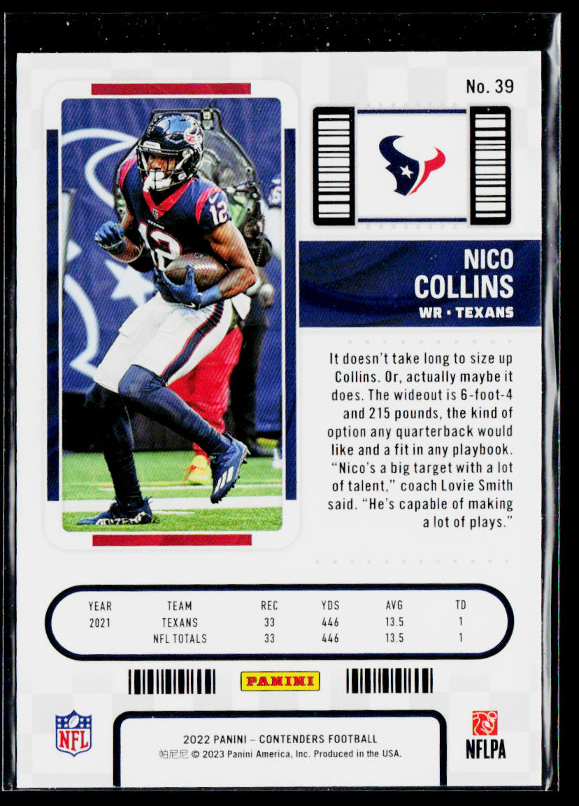 Nico Collins 2022 Panini Contenders #39 Houston Texans